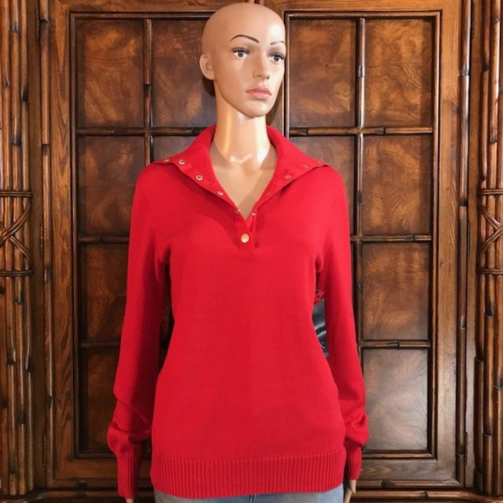 Anne Klein Red Snappe Logo Snap Front Cotton Turtleneck Sweater